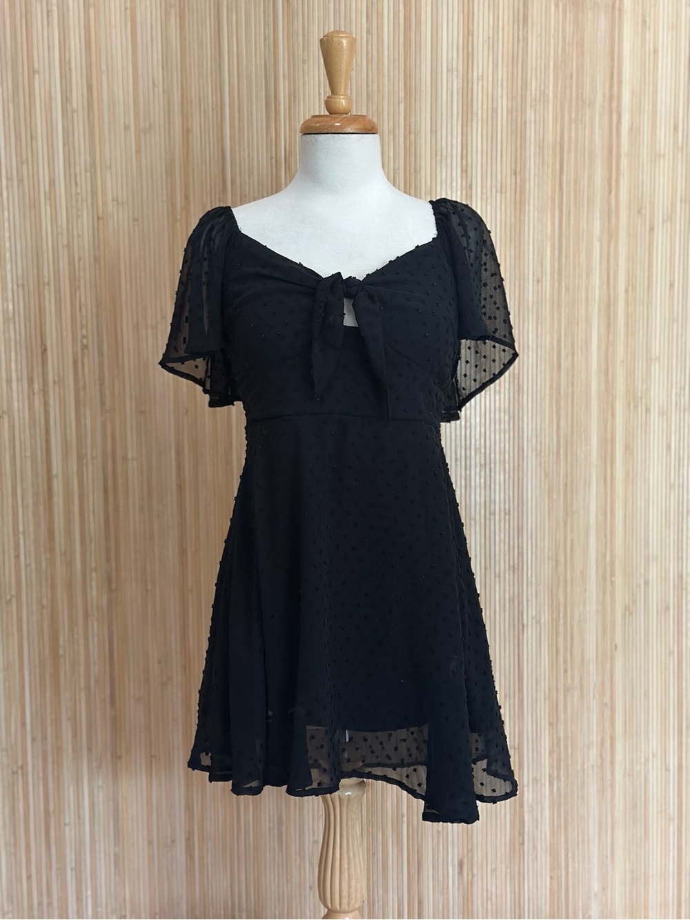 mi ami Black Swiss Dot Tie-Front Mini Dress with Flutter Sleeves